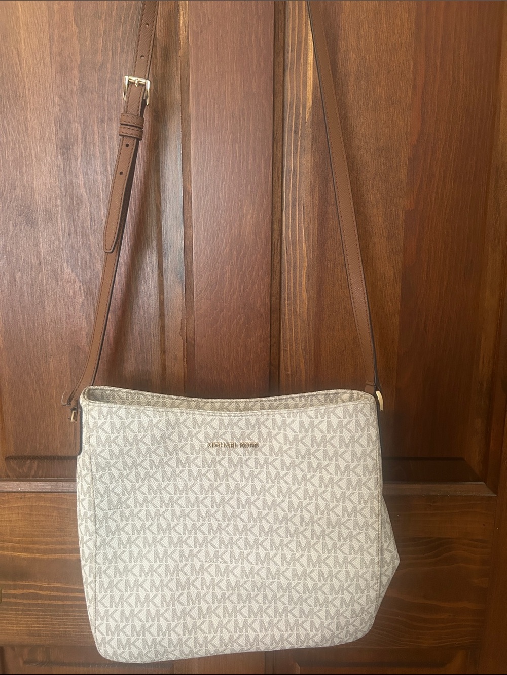 Michael Kors Beige Signature MK Crossbody with Brown Strap